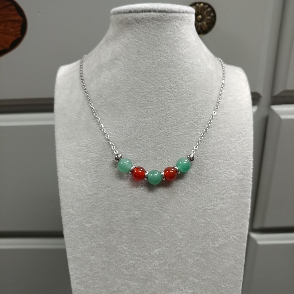 Red Carnelian Green Aventurine Natural Gemstone Necklace Stainless-Steel Crystal - Picture 9 of 13